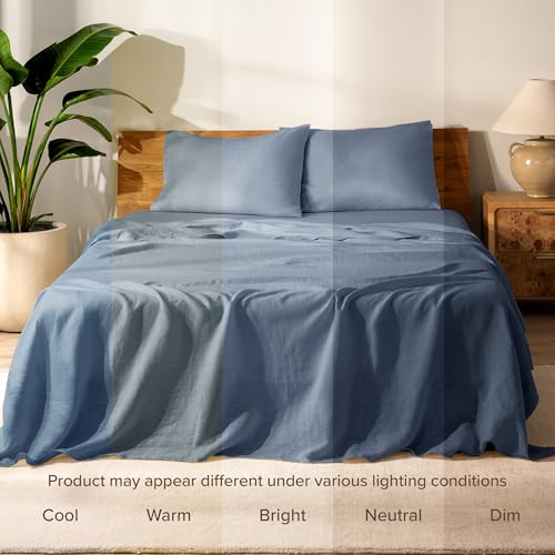 Bare Home Twin Extra Long Sheet Set - Luxury 100% European Linen - Deep Pockets - Easy Fit - 3 Piece Set - Bedding Sheets & Pillowcases (Twin XL, Indigo) Bare Home