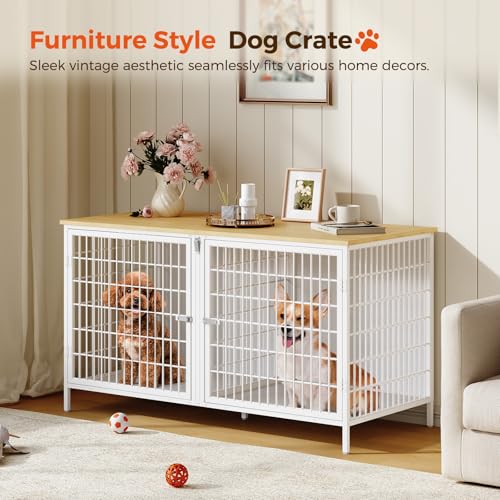 MAHANCRIS Dog Crate Furniture for 2 Dogs, 43.3" Dog Kennel with Removable Divider, Heavy Sturdy Dog Furniture Style Double Cage for Small Medium Dogs, Indoor Pet House End Table, Natural and White MAHANCRIS