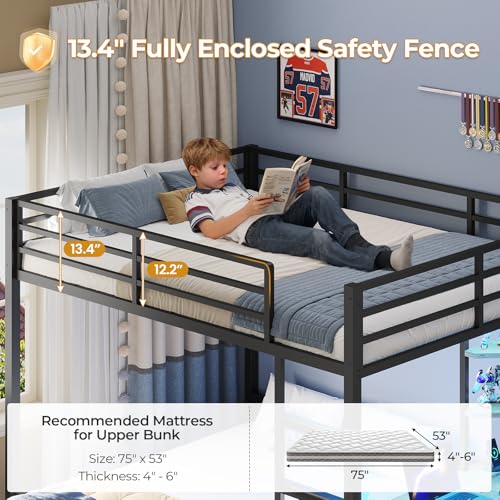 ADORNEVE Bunk Bed with Desk, Full Over Full Bunk Beds with Charging Station & Led Lights, 4 Storage Drawers & 2 Open Storage Shelves, Metal Loft Bed with Safety Guardrail & Ladder for Kids/Teen, Black ADORNEVE