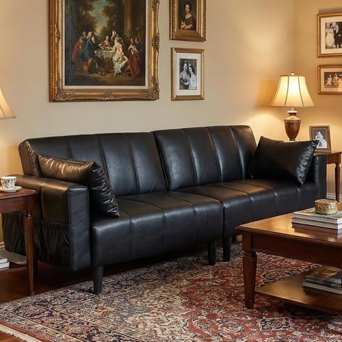 GULFXDS 83" Leather Couch for Living Room, Mid Century Modern 3 Seater Faux Leather Sofa, Comfy Convertible Futon Sofa with Adjustable Backrest for Office, Apartment (Black) GULFXDS