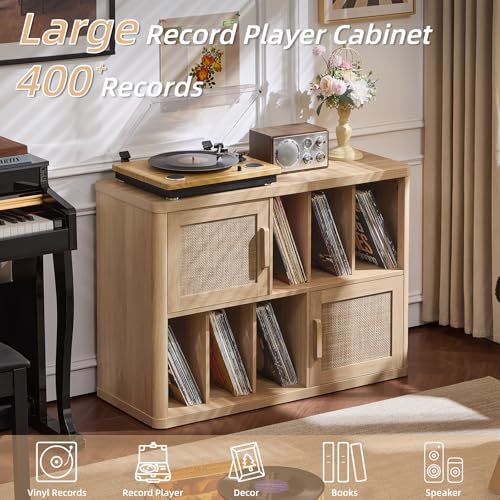 LEYAOYAO Large Record Player Stand with Vinyl Storage Up to 450 Albums, Wood Rattan Boho Record Storage Accent Cabinet, Modern Stereo Media Cabinets, Wide Turntable Stand for Living Room, Natural Oak LEYAOYAO
