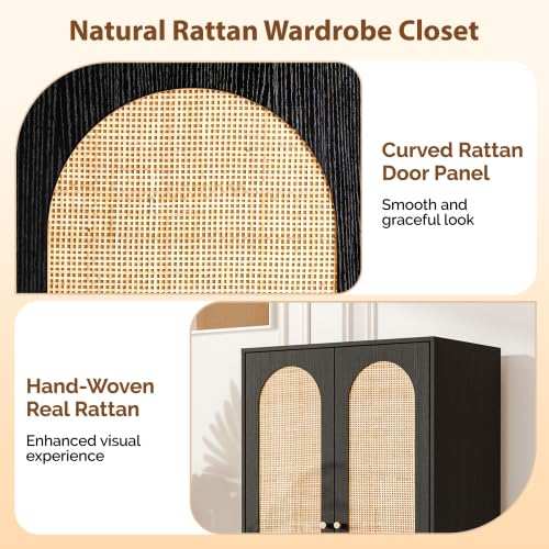 VINGLI Rattan Wardrobe Closet, Armoire Closet with Drawers & Hanging Rod, Armoire with Shelves and Doors, Wooden Wardrobe for Hanging Clothes, Black, 68.9" H VINGLI