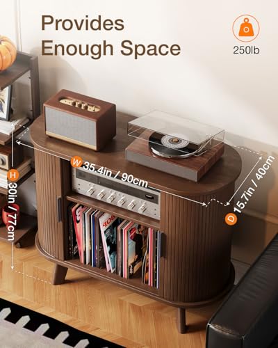 XHSSF Record Player Stand, Midcentury Modern Furniture Turntable Stand with Sliding Doors, Audio-Video Shelving Cabinet, Fluted Media Stand and TV Stand for Living Room, Bedroom (Walnut) (Medium) XHSSF