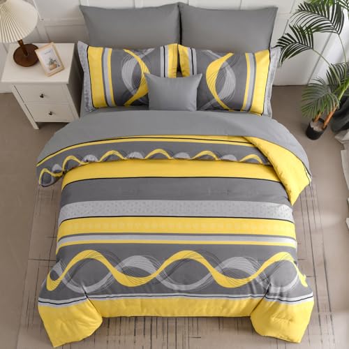 Anibedding Yellow Comforter Set Queen Size,8 Pieces Bed in a Bag Patchwork Striped Bedding Sets,Boho Soft Microfiber Bedding Set for All Season(90"×90") Anibedding