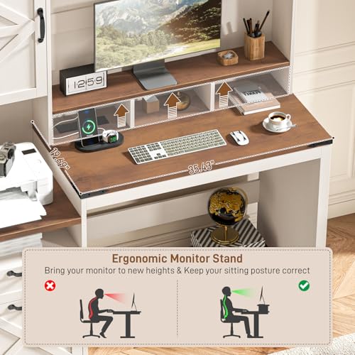 Vabches 51" Executive Desk Farmhouse Home Office Desk with Charging Station, File Drawer, Storage Cabinet, Monitor Stand, Wood Computer Desk with Hutch for Work Study Writing (White) Vabches