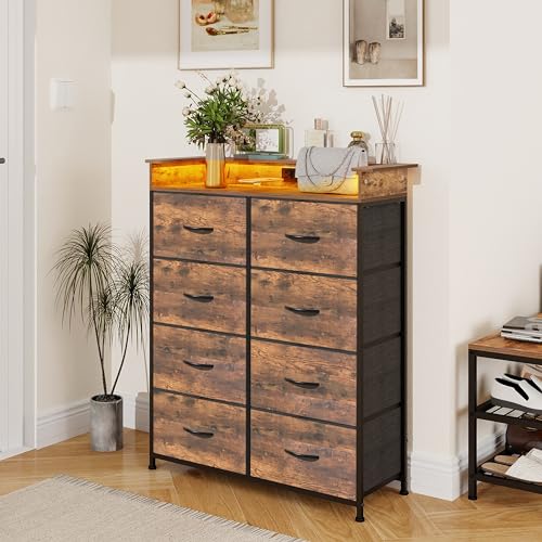 Welfuturer Tall Dresser for Bedroom with Charge Station 8 Drawers Dresser with LED Lights Chest Organizer Units for Hallway Entryway Closets Sturdy Steel Frame Wood Top Easy Pull Handle Rustic Brown Welfuturer