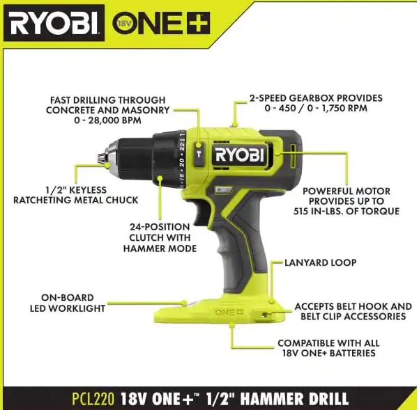 RYOBI ONE+ 18V Cordless 1/2 in. Hammer Drill (Tool Only) RYOBI