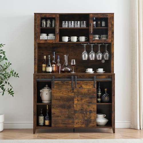 IDEALHOUSE Farmhouse Coffee Bar Cabinet with Sliding Barn Doors, 70'' Kitchen Hutch Cabinet with Storage, Wine&Glasses Rack, Tall Sideboard Buffet Cabinet for Kitchen, Dining Room, Brown IDEALHOUSE