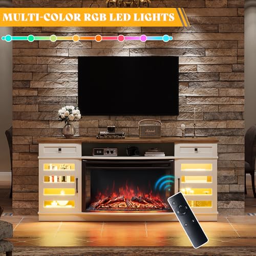 LUXOAK 70" Farmhouse Curved Fireplace TV Stand, LED Light Entertainment Center Table with 36'' Upgrade Electric Fireplace TV Console Cabinet for TVs Up to 80", Antique White Barnwood LUXOAK