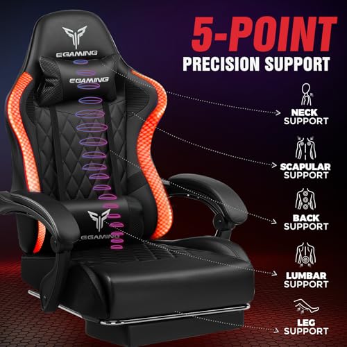 EXRACING Gaming Chair with Footrest Ergonomic High-Back PU Leather Computer Chair with RGB LED Lights Linkage Armrests Lumbar Support and Headrest 150°Reclining Diamond Quilted Office Chair for Adults EXRACING