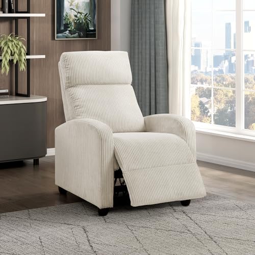 Lexicon Corduroy Pushback Recliner Chair Armchair Push Back Recliner, Solid Wood Frame and Metal Base, Easy Assembly Small Soft Single Sofa Accent Chair for Living Room/Office/Apartment, Beige