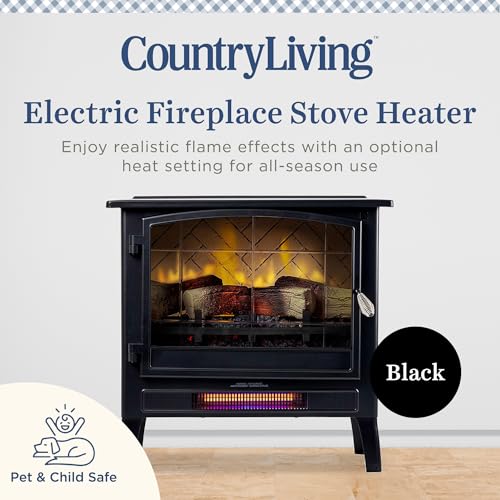 Country Living Infrared Freestanding Electric Fireplace Stove Heater in Black | Multiple Flame Colors, Metal Design with Faux Wooden Logs | Alexa/WiFi Enabled - Remote Included Country Living