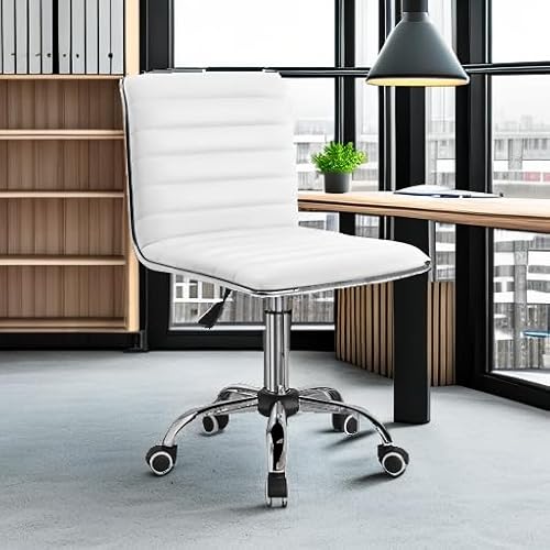 Furmax Vanity Office Desk Chair with Wheels, Armless Small Cute Leather Makeup Computer Task Chair Adjustable Height 360° Swivel (White) Furmax