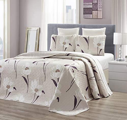 GrandLinen 3-Piece Fine Printed Oversize (100" X 95") Quilt Set Reversible Bedspread Coverlet Queen Size Bed Cover (Taupe, Brown, White Tulip Floral) Grand Linen