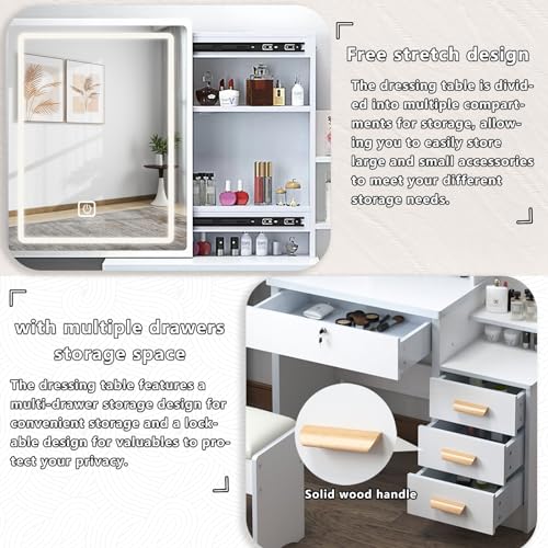 MONGMON Vanity Desk with Mirror and Lights, 3 Lighting Modes, European Style Dressing Table with Drawers, with Open Storage Shelves,Makeup Vanity Table for Bedroom,Gifts for Girls and Women, White MONGMON