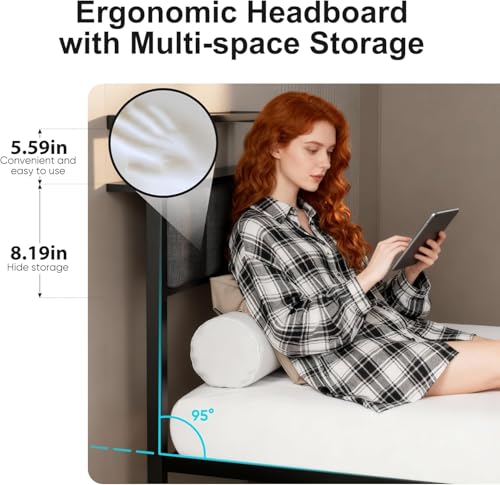 Aelawe Full Bed Frames with Storage Drawer, Platform Bed with Charging Station and LED Lights, Upholstered Headboard with 2-Tier Storage Shelves, No Box Spring Needed Aelawe