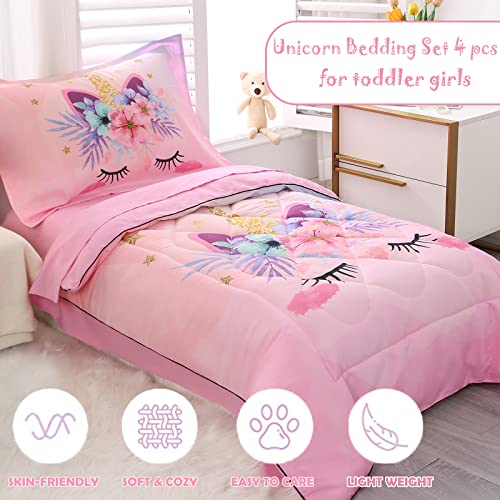 KINBEDY Toddler Bedding Set 4 Piece Pink Unicorn Crib Bedding Set for Girls Soft Cute Floral Toddler Bed Sheets Comforter Set Baby Bedroom Set, Include Comforter, Flat Sheet, Fitted Sheet, Pillowcase KINBEDY