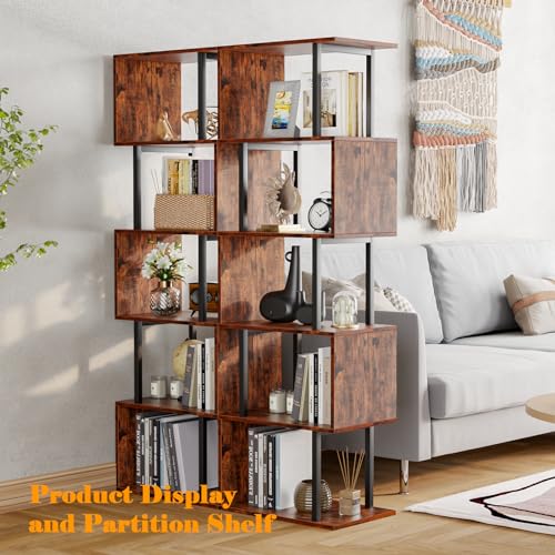 Furologee 6-Tier S-Shaped Geometric Bookshelf - Industrial Freestanding Display Unit in Rustic Brown Furologee