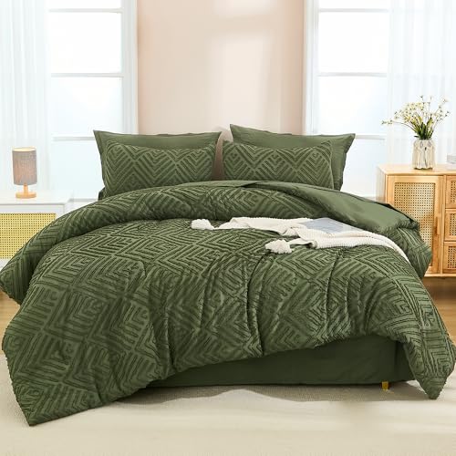 Andency King Size Comforter Set Olive Green - 7 Pieces Bed in a Bag King Boho Olive Green Bedding Comforter Sets, Tufted Bed Set with Comforter, Sheets, Pillowcases & Shams