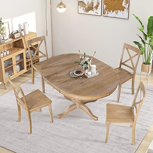Voohek Dining Set for 4, with Wooden Extendable Round Table and Kitchen Chairs, 5-Piece Family Farmhouse Furniture, for Dinette, Breakfast Nook, Living Room, Natural Wood Wash Voohek