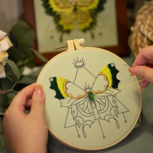 Craftreasure Embroidery Kit for Adults, Butterfly Embroidery Kit for Beginners Include Embroidery Beads Threads for Craft Lover Hand Stitch with Embroidery Skill Technique (Green - Easy)