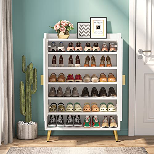 Tribesigns Shoe Cabinet with Doors, 6-Tier Shoe Storage Cabinet with Adjustable Shelves, Wooden Shoes Rack Shoe Storage Organizer for Entryway, Hallway, Closet, Living Room, White & Gold Tribesigns