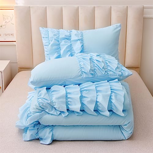Holawakaka Light Blue Waterfall Ruffle Comforter Set, Full Size Shabby Chic Ruffled Bedding Set for Girls Women, Kids Teens Ruched Dorm Bed Set 3 Pieces Holawakaka