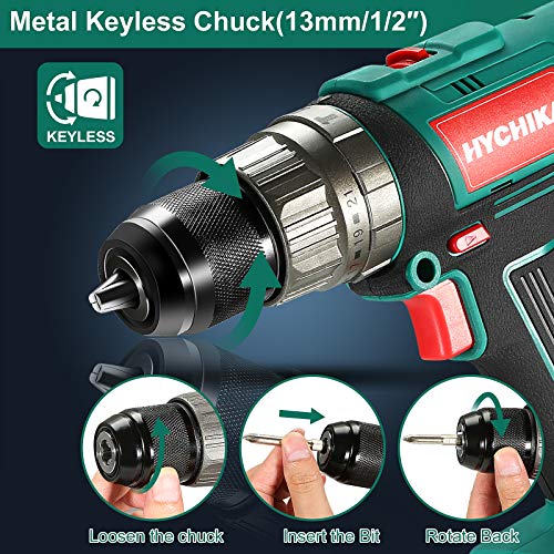 Cordless Hammer Drill Driver 18V, HYCHIKA 400 In-lbs Torque Power Drill with Auxiliary Handle, 1/2” Metal Chuck, 2.0Ah Battery, 1H Fast Charger, 21+3 Clutch, LED Light for Drilling Wood Metal Wall HYCHIKA BETTER TOOLS FOR BETTER LIFE
