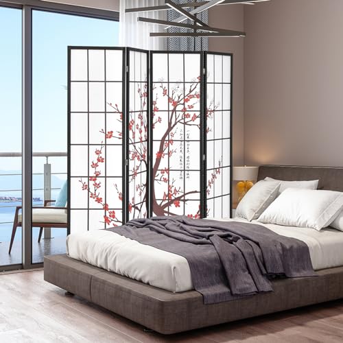 GOFLAME Japanese Style 4 Panel Room Divider, 6ft Folding Shoji Screen Room Partition with Plum Blossom Design, Solid Wood Frame, Freestanding Wall Divider, Indoor Room Separator for Home Office GOFLAME