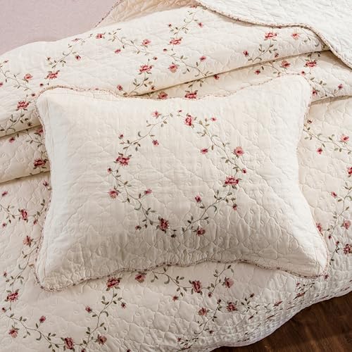 Quilt Set Classical 3D Floral Embroidery Pattern 3-Piece Cotton Reversible Quilted Embroidered Decorative Bedspreads Coverlet Bedding Set, Lightweight &Soft,Beige,King Size ROOMLIFE
