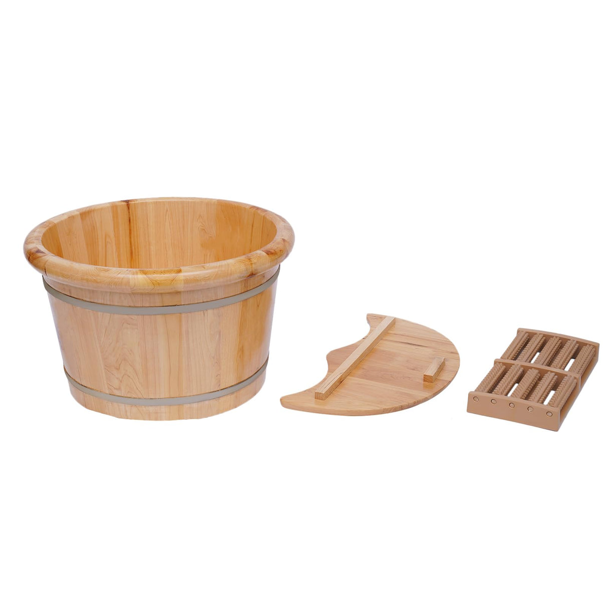 Foot Bath Basin Wood Foot Tub, Soaker Washing Sauna Bucket with Massager and Lid, Wooden Foot Basin Bucket with Massage Plus Cover Plate Foot Barrel WETUSSEX
