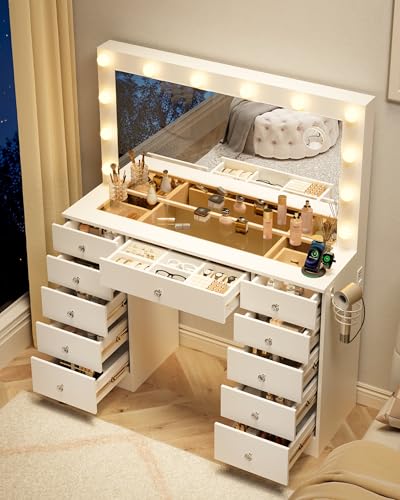 Otterease White Makeup Vanity, 11 Drawers Vanity with Mirror and 12 LED Lights, Makeup Vanity Desk with 3 Lighting Modes Adjustable Brightness, Vanity with Glass Top for Bedroom Otterease