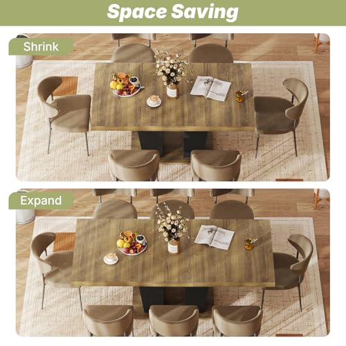 Zevemomo 63"-78.7" Expandable Dining Table, 6-10 Rectangle Table, Extendable Console Table, Wooden Farmhouse Kitchen Table with Metal Track & Dual Column Base for Living, Office-Brown Zevemomo