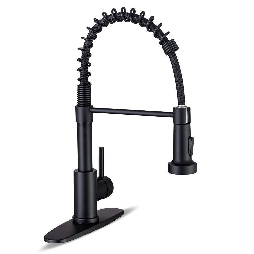 WEWE Kitchen Faucets with Pull Down Sprayer Commercial Industrial Stainless Steel Single Handle Single Hole Spring Farmhouse RV Sink Faucet, Matte Black Kitchen Faucet for Laundry Utility Room Sink WEWE