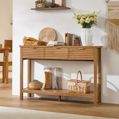 LEYAOYAO Fluted 47.2" Console Table with 3 Drawers, Modern Wood 2 Tier Entryway Table with Open Storage Shelf, Boho Sofa Entry Tables Behind Couch for Living Room, Hallway, Entrance Foyer, Tea Brown LEYAOYAO