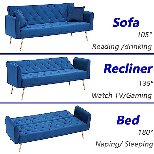 Majnesvon 71" Convertible Folding Sleeper Sofa Couch,Modern Velvet Loveseat Sleeper with 2 Pillows, Futon Sofa Bed with Mattress and Frame for Living Room,Bedroom,Small Space (Blue) Majnesvon