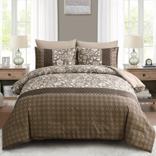 WONGS BEDDING Brown Comforter Set Queen, 7 Pieces Bed in a Bag Floral Patchwork Soft Microfiber Queen Sheet Set with Comforter, Flat Sheet, Fitted Sheet, Pillow Shams,Pillowcases WONGS BEDDING