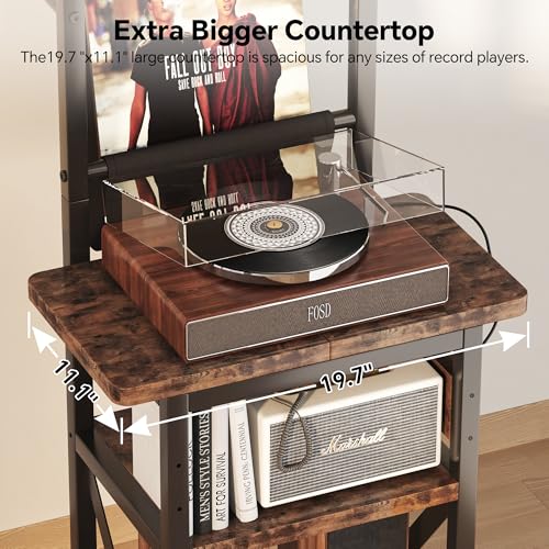 Homeiju Record Player Stand with Power Outlet, 6 Tier Vinyl Record Display Shelf, Record Player Table with album storage up to 200 Albums, Console Organizer Display Shelf, Gifts for Music Lovers Homeiju