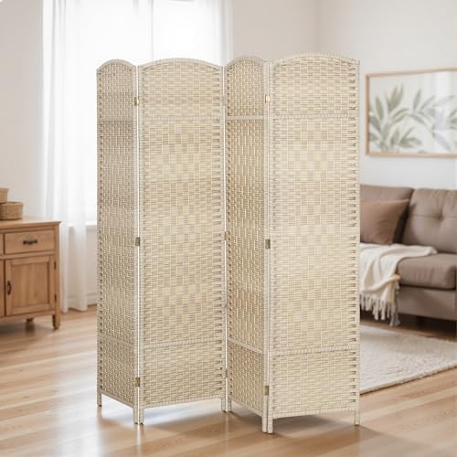 HOMCOM 4 Panel Room Divider, 6' Tall Folding Privacy Screen, Woven Freestanding Wall Partition for Home Office, Bedroom, Washed Oak HOMCOM