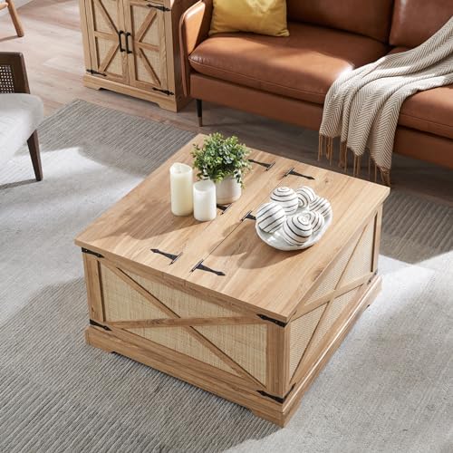 Barnyatoh Farmhouse Square Coffee Table with Storage, Boho Rattan Wood Center Table with Hinged Lift Top, Rustic Cocktail Table with Large Hidden Storage Compartment for Living Room, Bedroom Barnyatoh