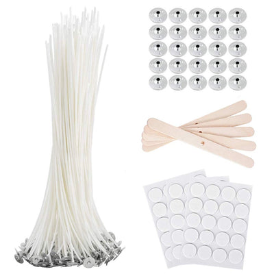 Bulk Cotton Candle Wick 8" Pre-Waxed 80 Pcs with 60Pcs Candle Wick Stickers, 5Pcs Candle Wick Centering Device and 20PCS Metal Tabs for Candle Making (80pcs 20cm Wick kit)