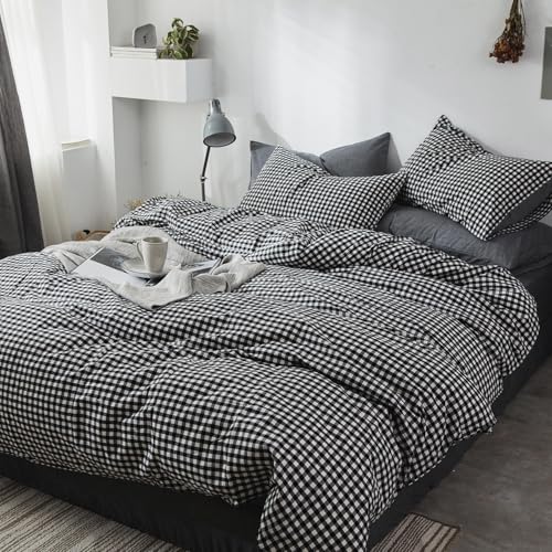 mixinni Black Gingham Comforter Set King, Plaid Comforter Set 3 Pieces 1 Black Grid Comfoter with 2 Pillow Cases for All Seasons, Soft Fluffy Modern Grid Pattern Printed Bedding-King Size mixinni