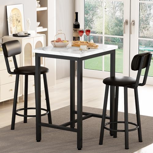 LTTROMAT Dining Table Set, 23.6” Square Faux Marble Table with 2 PU Upholstered Backrest Chairs, 3-Piece Kitchen Dining Room Set for Small Spaces, Kitchen, Restaurant Furniture, White LTTROMAT