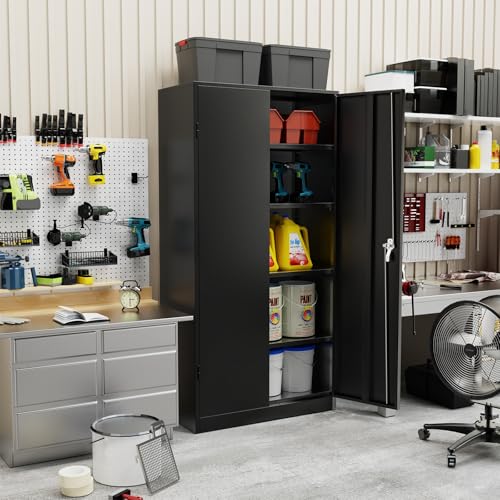 Patiomore Metal Garage Storage Cabinet, 72” Lockable File Cabinets with 2 Doors and 4 Adjustable Shelves, Steel Tool Cabinets with Lock for Office, Home, Gym, Black Patiomore