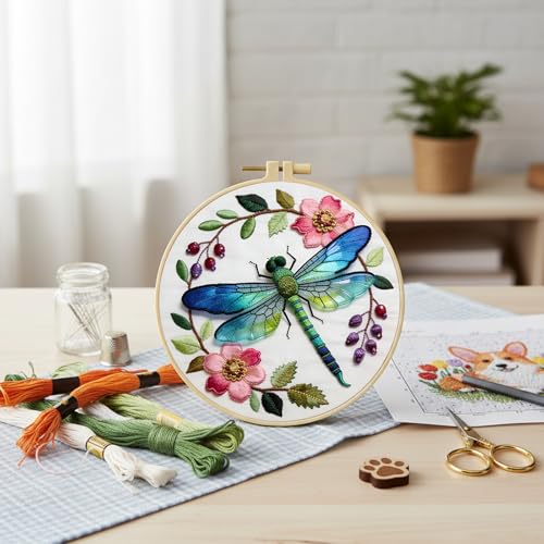 Dragonfly Floral Embroidery Kit for Adults - 11.81x11.81in Pre-Stamped Pattern Cross Stitch Kit with 7.87 Inch Bamboo Hoop, Floss, Needles - DIY Craft Kit for Home Decoration & Gift Giving