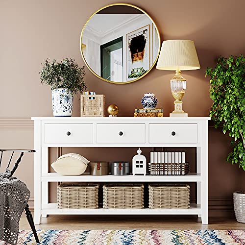 Mid-Century Console Table Modern Solid Wood Frame Sofa Table with 2 Tier Open Shelves and 3 Top Storage Drawers Entryway Table for Living Room Hallway Foyer, Easy Assembly Knocbel