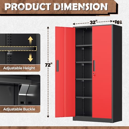 INTERGRAET Metal Storage Cabinet with Adjustable Shelves, Garage Storage Cabinets with Doors and Shelves, File Cabinets for Home Office, Kitchen Pantry Cabinet, 72''H, Black Red INTERGREAT
