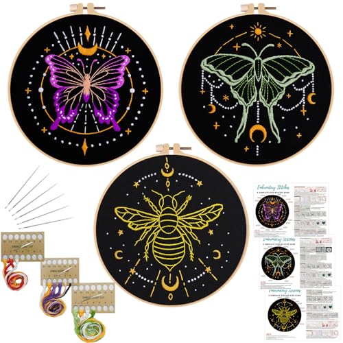 Louise Maelys 3 Sets Tarot Embroidery Kits for Beginners,Cross Stitch Kit for Adults,Crewel Starters Needlepoint with Moon, Butterfly, Bee and Moth Pattern and Tool