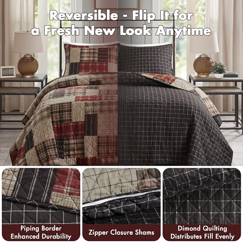 Madison Park King Quilt Set Patchwork Farmhouse, Diamond Quilting Reversible Coverlet Set for King Size Bed, Plush Cotton Filled Quilt Set King Size, Shams King/Cal King Red/Black 3 Piece Madison Park