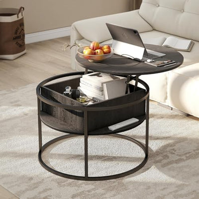 HOJINLINERO Round Lift Top Coffee Table,Coffee Tables Living Room,Black Coffee Table with Storage Hidden Compartment,Wood Farmhouse Coffee Table Decor,Center Table for Living Room,Modern Coffee Table